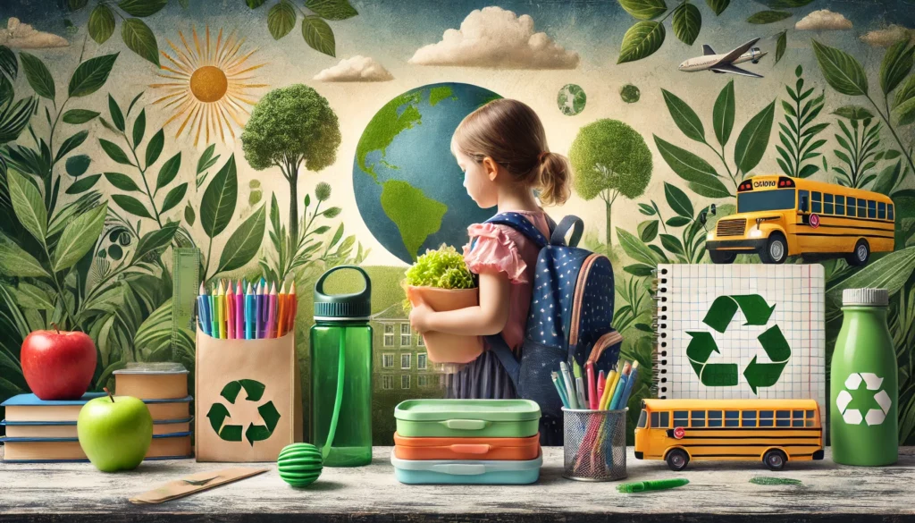 DALL·E 2024-09-16 14.59.50 – A visually compelling scene that reflects back-to-school sustainability themes. A child packing a lunch in a colorful reusable container alongside eco